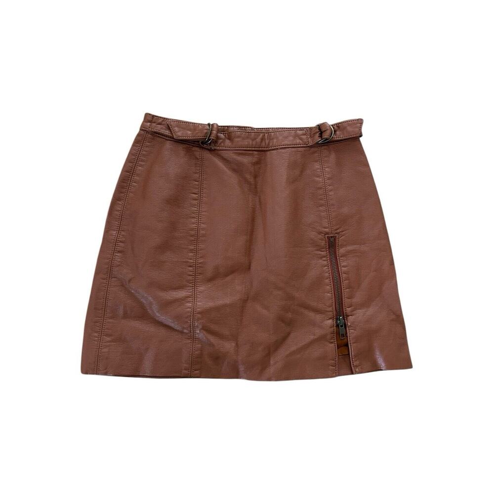 Free People Skirt Women 2 Brown Mini A-Line Faux Leather Slit Belted Boho